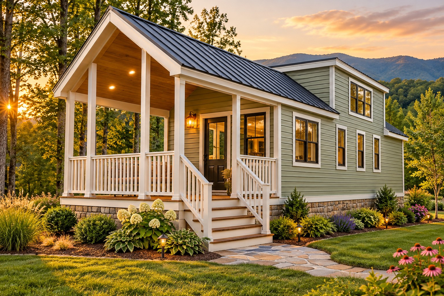Illustrative sage-green home with a covered porch, from the A Crafted Space design collection